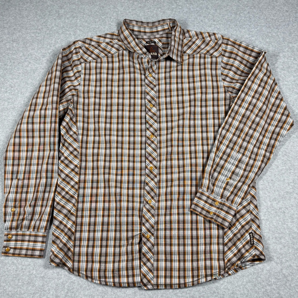 PrAna Breathe Plaid Long Sleeve Western Style‎ Shirt Slim Fit Pearl Snaps Size L